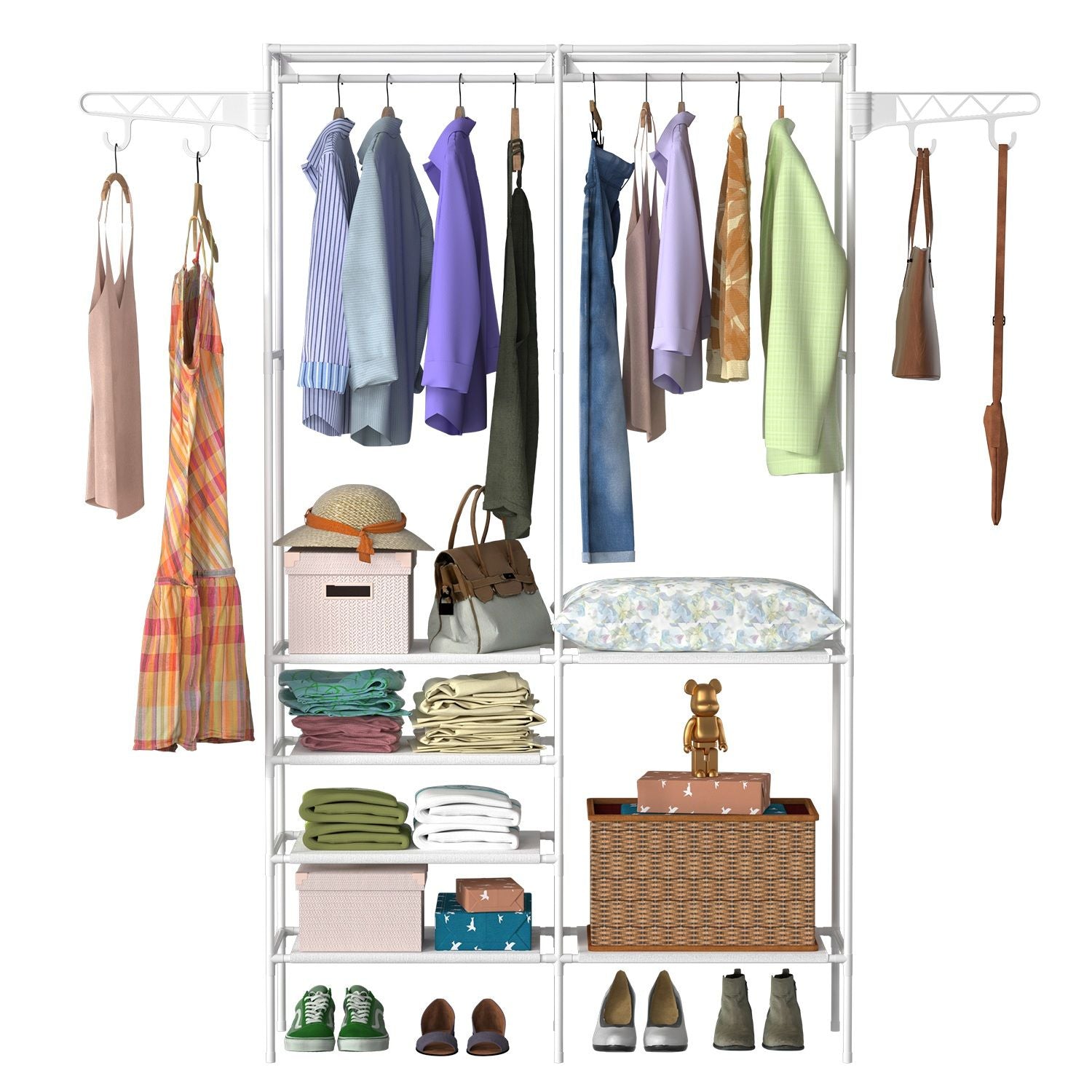 Metal Garment Rack Shoe Clothing Organizer Shelves Freestanding Multifunctional Clothes Wardrobe - Discount Msrp 