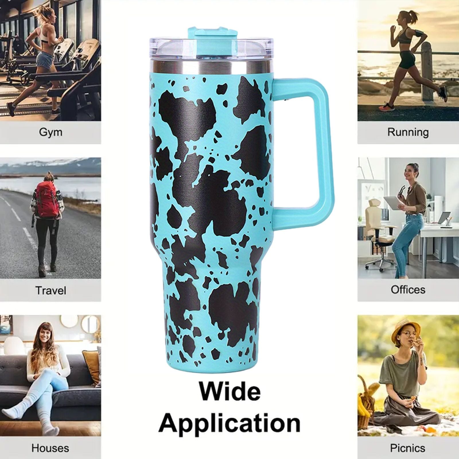 40oz 5D cowprint Insulated Tumbler With Handle And Straw Lid Portable Large Capacity water bottle, Heat preservation,304 Stainless Steel Cup For Outdoor Sports, Travel & Camping Birthday Gift - Discount Msrp 