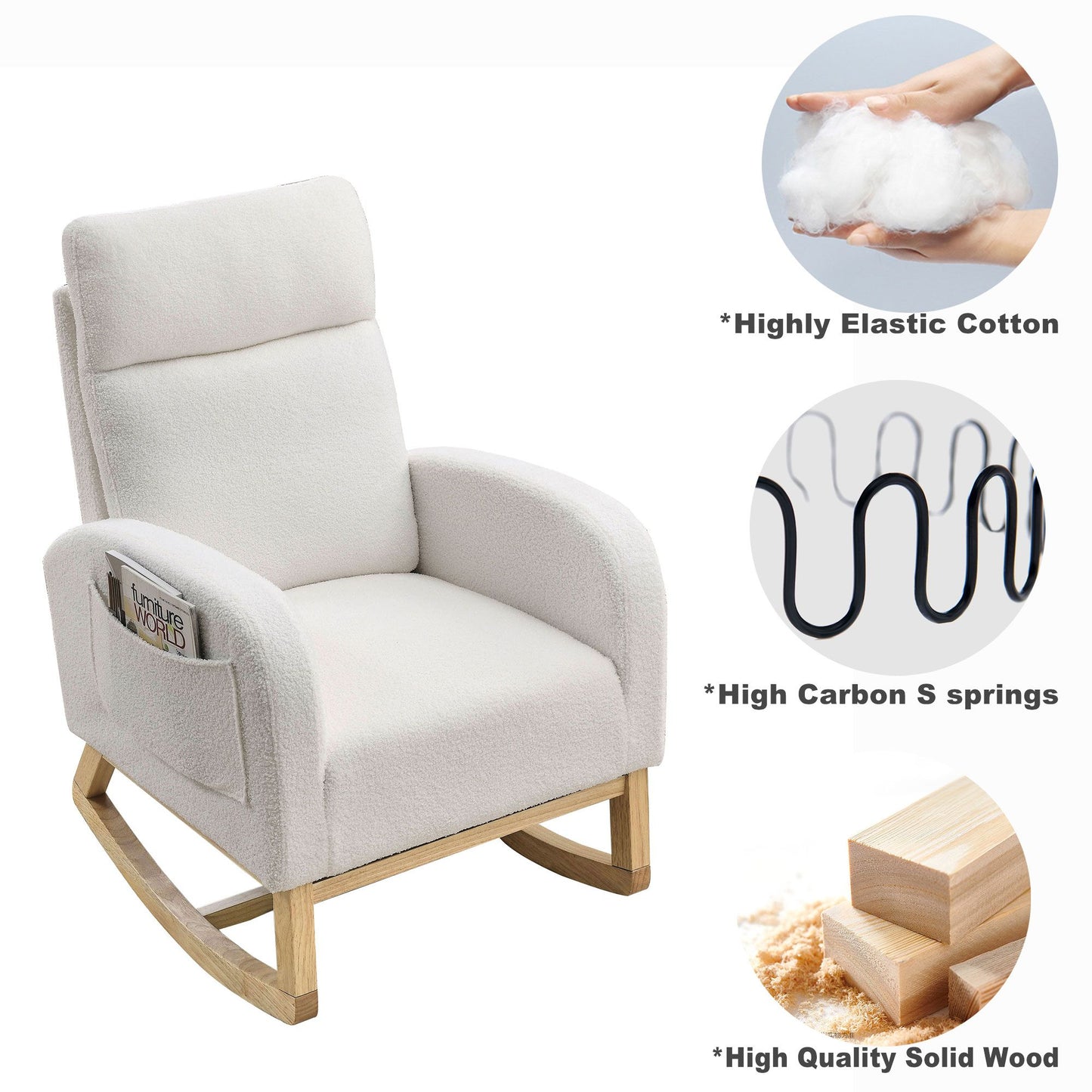 [Video] Welike 27.6"W Modern Accent High Backrest Living Room Lounge Arm Rocking Chair, Two Side Pocket ,Teddy White (Ivory) - Discount Msrp 