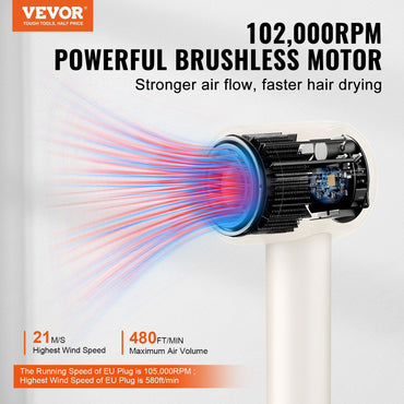VEVOR High-Speed Hair Dryer with 102,000RPM Brushless Motor, 200 Million Negative Ions Hair Blow Dryer, 3-Color Temp LED Lights & 2 Speeds, Lightweight Hairdryer with Diffuser & Nozzle for Home Travel - Discount Msrp 