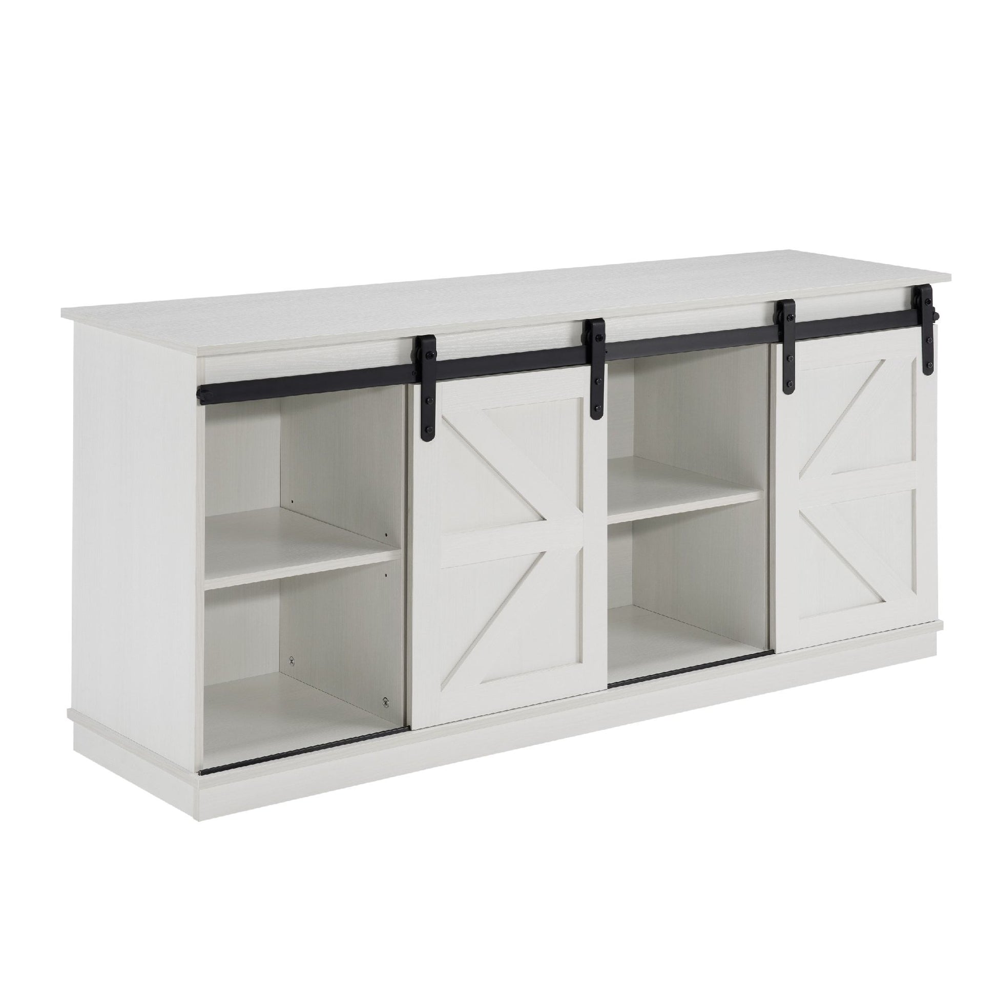 58" Farmhouse TV Stand and Entertainment Center for Televisions up to 65 Inchs,with Sliding Barn Doors and Storage Cabinets,White - Discount Msrp 