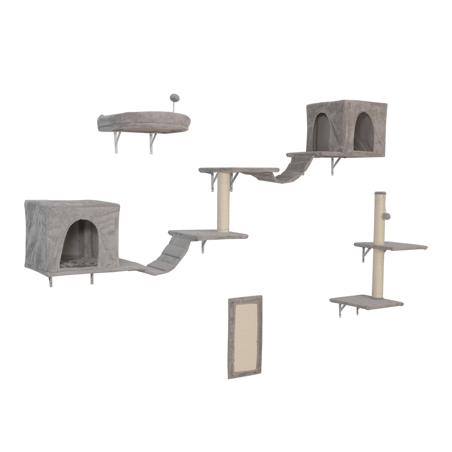 Wall-mounted Cat Tree, Cat Furniture with 2 Cat Condos House, 3 Cat Wall Shelves, 2 Ladder, 1 Cat Perch, Sisal Cat Scratching Posts and Pad - Discount Msrp 