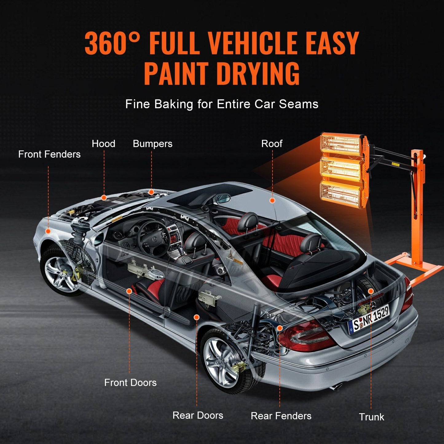 VEVOR Infrared Curing Lamp, 3300W 1-60 min Timing, Auto Heating Car Curing Light with Bracket, 8.61 sq.ft Baking Area Spray Baking Booth Heaters, Paint Dryer for On-Site Repair, Engine Drying 1 Pack - Discount Msrp 