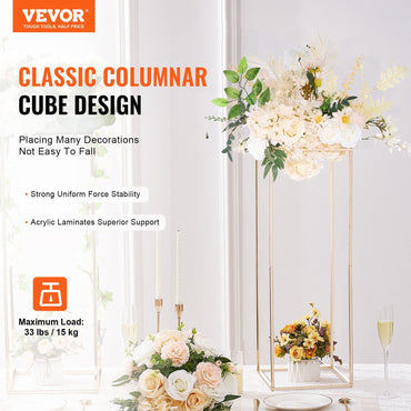 VEVOR 2PCS 31.5inch High Wedding Flower Stand, Metal Vase Column Geometric Centerpiece Stands, Gold Rectangular Floral Display Rack for T-Stage Events Reception, Party Decoration Home - Discount Msrp 