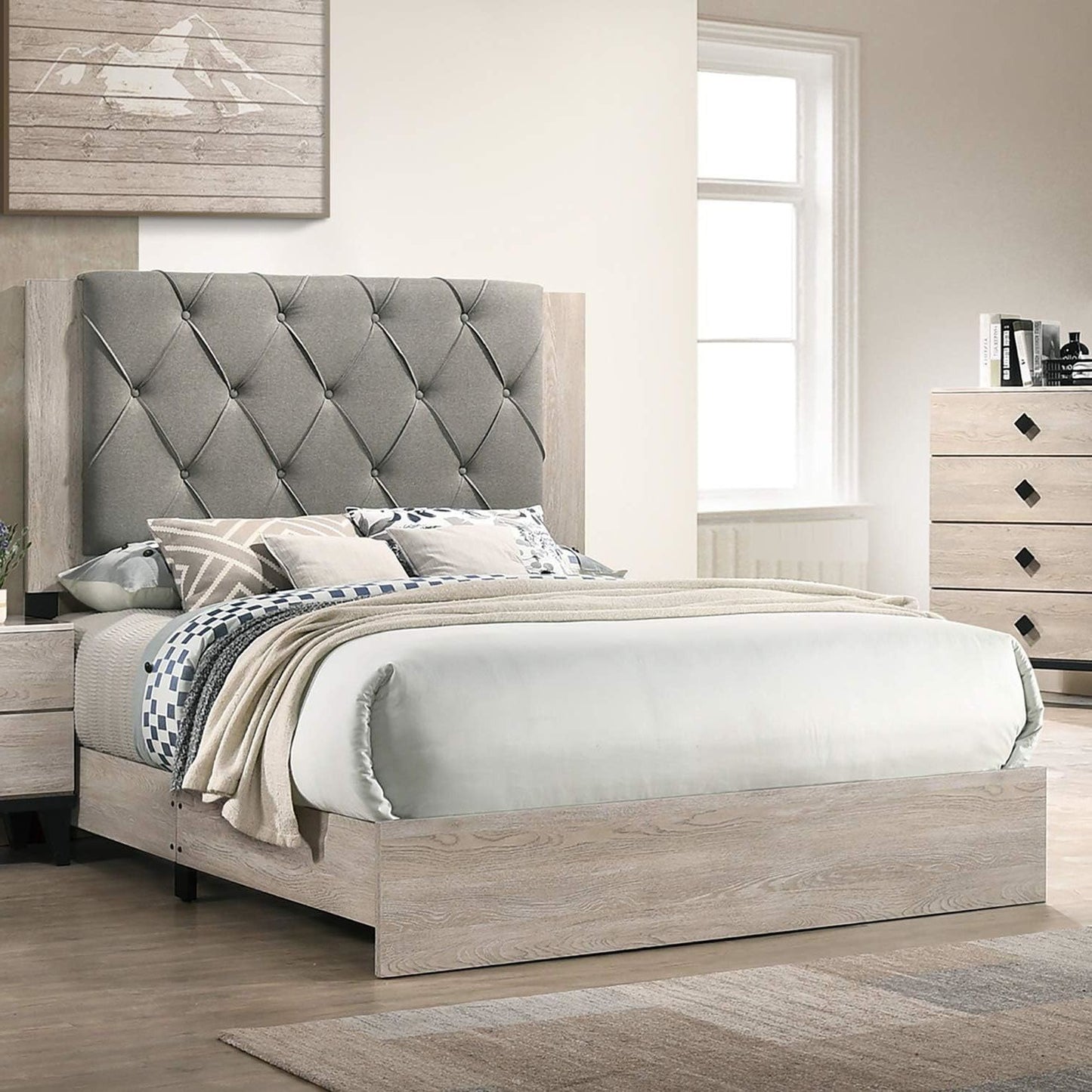 Contemporary 1pc Cream Finish California King Size Bed Bedroom Furniture Gray Tufted Design Headboard Rubberwood 1pc Bedframe - Discount Msrp 