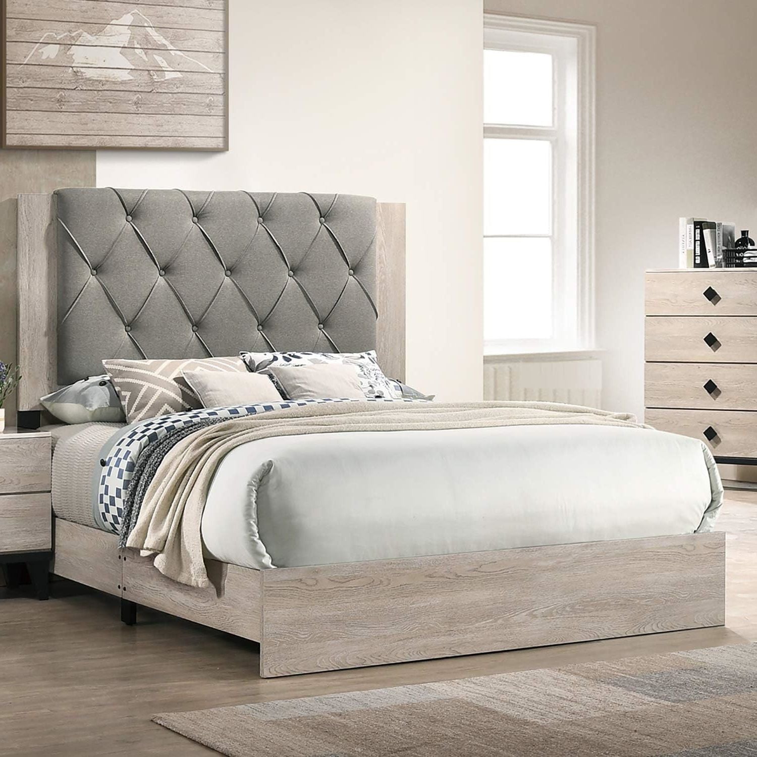 Contemporary 1pc Cream Finish California King Size Bed Bedroom Furniture Gray Tufted Design Headboard Rubberwood 1pc Bedframe - Discount Msrp 