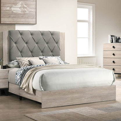 Contemporary 1pc Cream Finish California King Size Bed Bedroom Furniture Gray Tufted Design Headboard Rubberwood 1pc Bedframe - Discount Msrp 