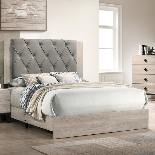 Contemporary 1pc Cream Finish California King Size Bed Bedroom Furniture Gray Tufted Design Headboard Rubberwood 1pc Bedframe - Discount Msrp 