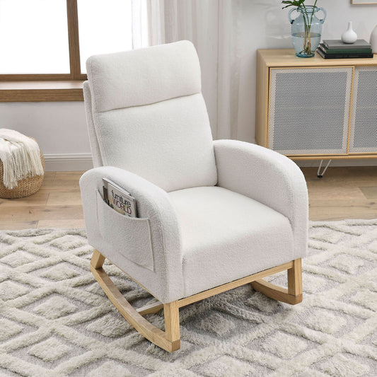 [Video] Welike 27.6"W Modern Accent High Backrest Living Room Lounge Arm Rocking Chair, Two Side Pocket ,Teddy White (Ivory) - Discount Msrp 