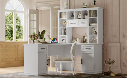 L-Shaped Computer Desk with 2 Cabinets and 2 Drawers, 11 Open Shelves and 1 Right Flip Shelf with Storage, with Power Outlet, for Study, Living Room and Office, White - Discount Msrp 