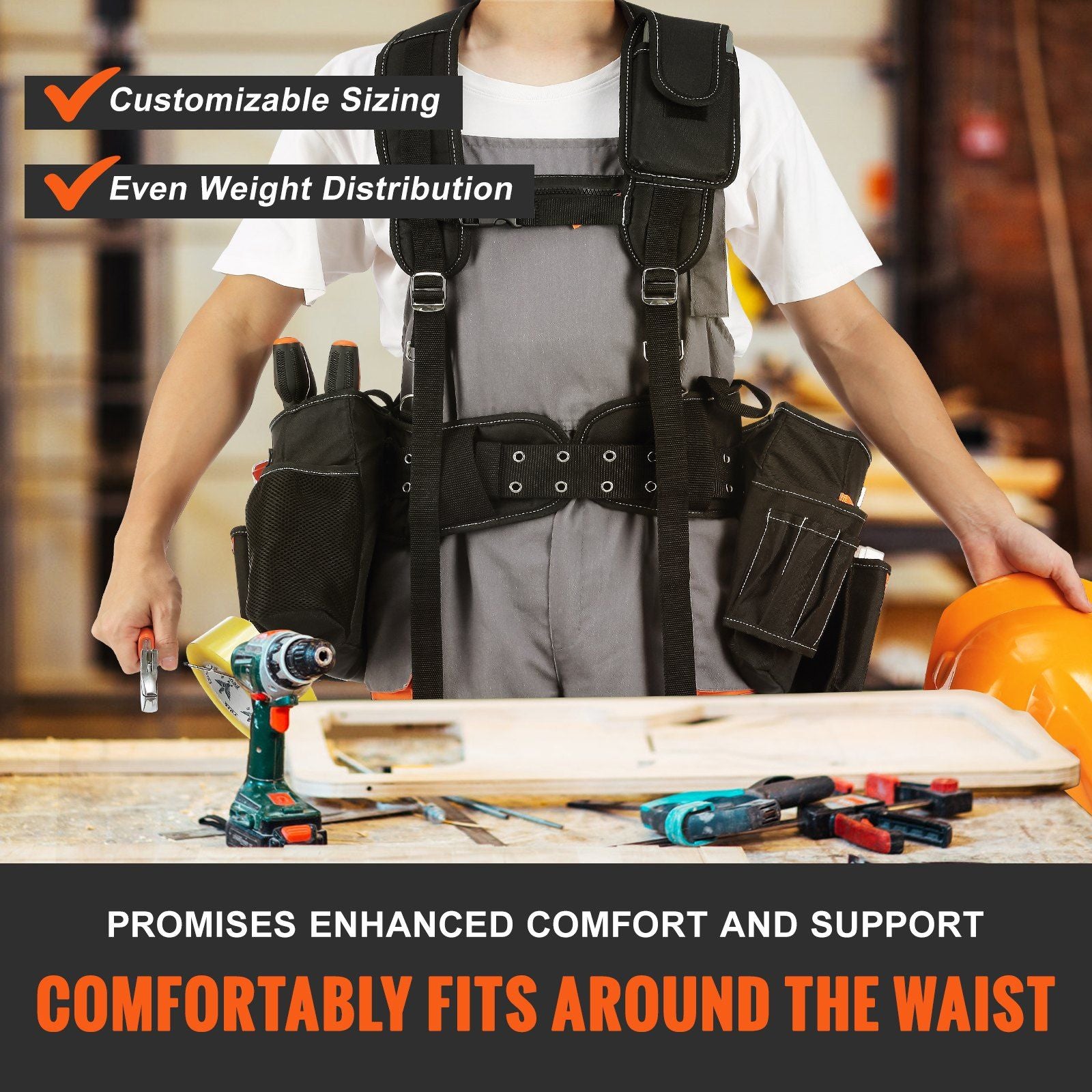 VEVOR Tool Belt with Suspenders, 29 Pockets, 29-54 inches Adjustable Waist Size, Tool Belts for Men, 600D Polyester Heavy Duty Carpenter Tool Pouch for Carpenters, Electricians, and Gardening, Black - Discount Msrp 