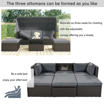 Outdoor Patio Rectangle Daybed with Retractable Canopy, Wicker Furniture Sectional Seating with Washable Cushions, Backyard, Porch - Discount Msrp 