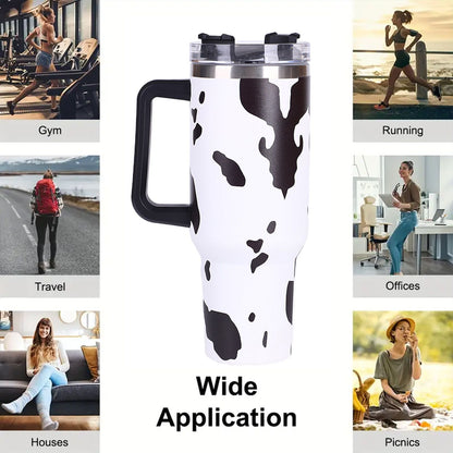 40oz 5D cowprint Insulated Tumbler With Handle And Straw Lid Portable Large Capacity water bottle, Heat preservation,304 Stainless Steel Cup For Outdoor Sports, Travel & Camping Birthday Gift - Discount Msrp 