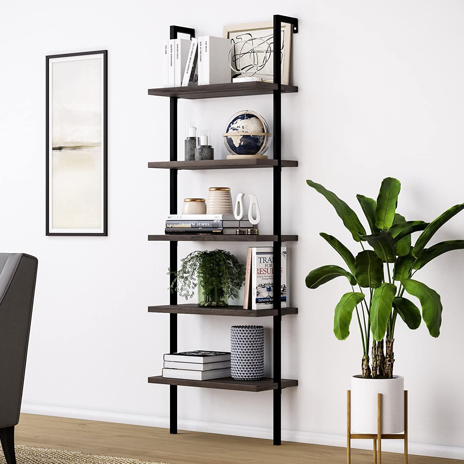 5-Shelf Wood Ladder Bookcase with Metal Frame Industrial 5-Tier Modern Ladder Shelf - Discount Msrp 