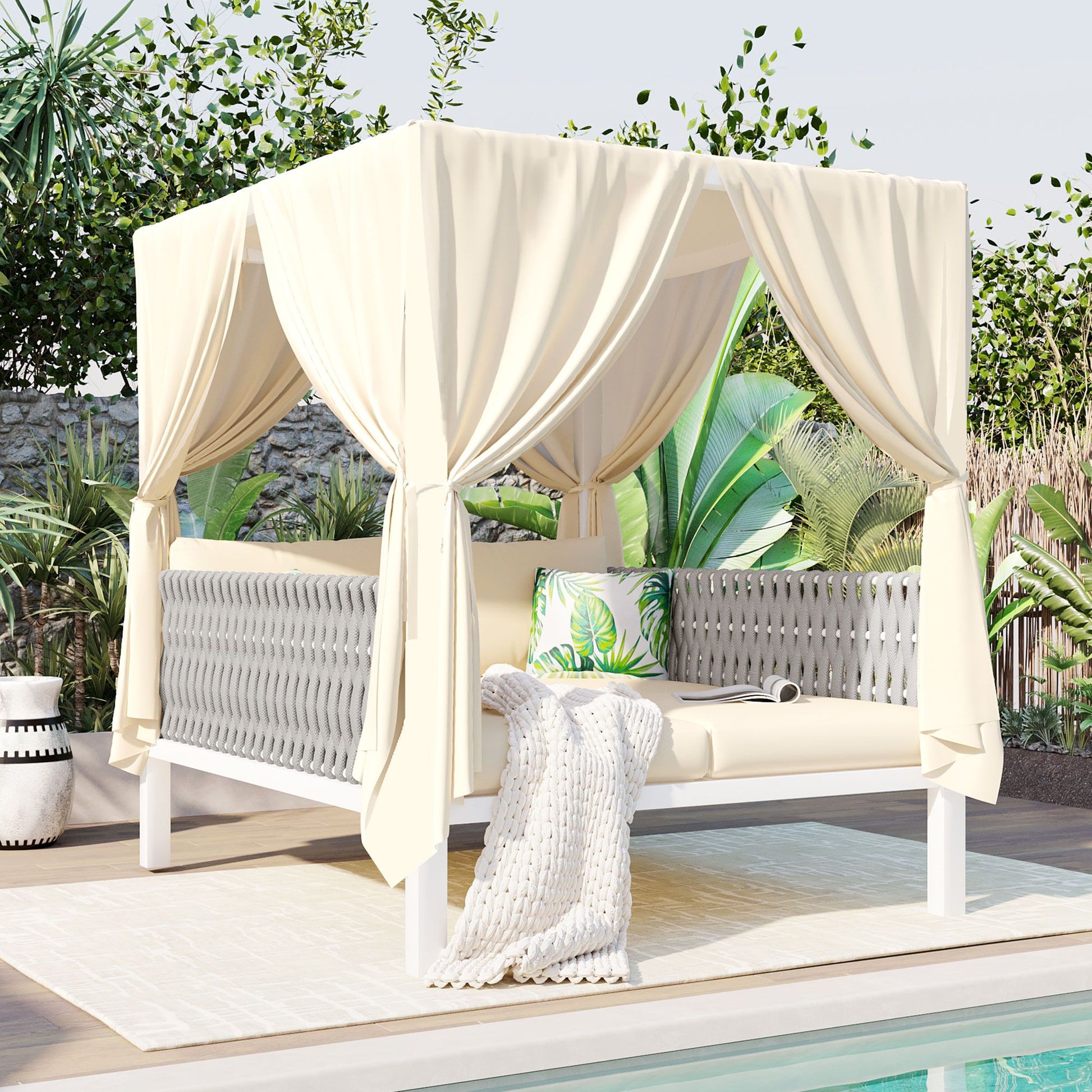 Outdoor Patio Sunbed with Curtains, High Comfort, Suitable for Multiple Scenarios - Discount Msrp 