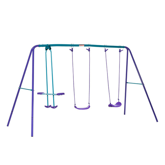 Outsunny Metal Swing Set with Glider, Two Swing Seats and Adjustable Height, Outdoor Heavy Duty A-Frame Suitable for Playground, Backyard, Purple - Discount Msrp 