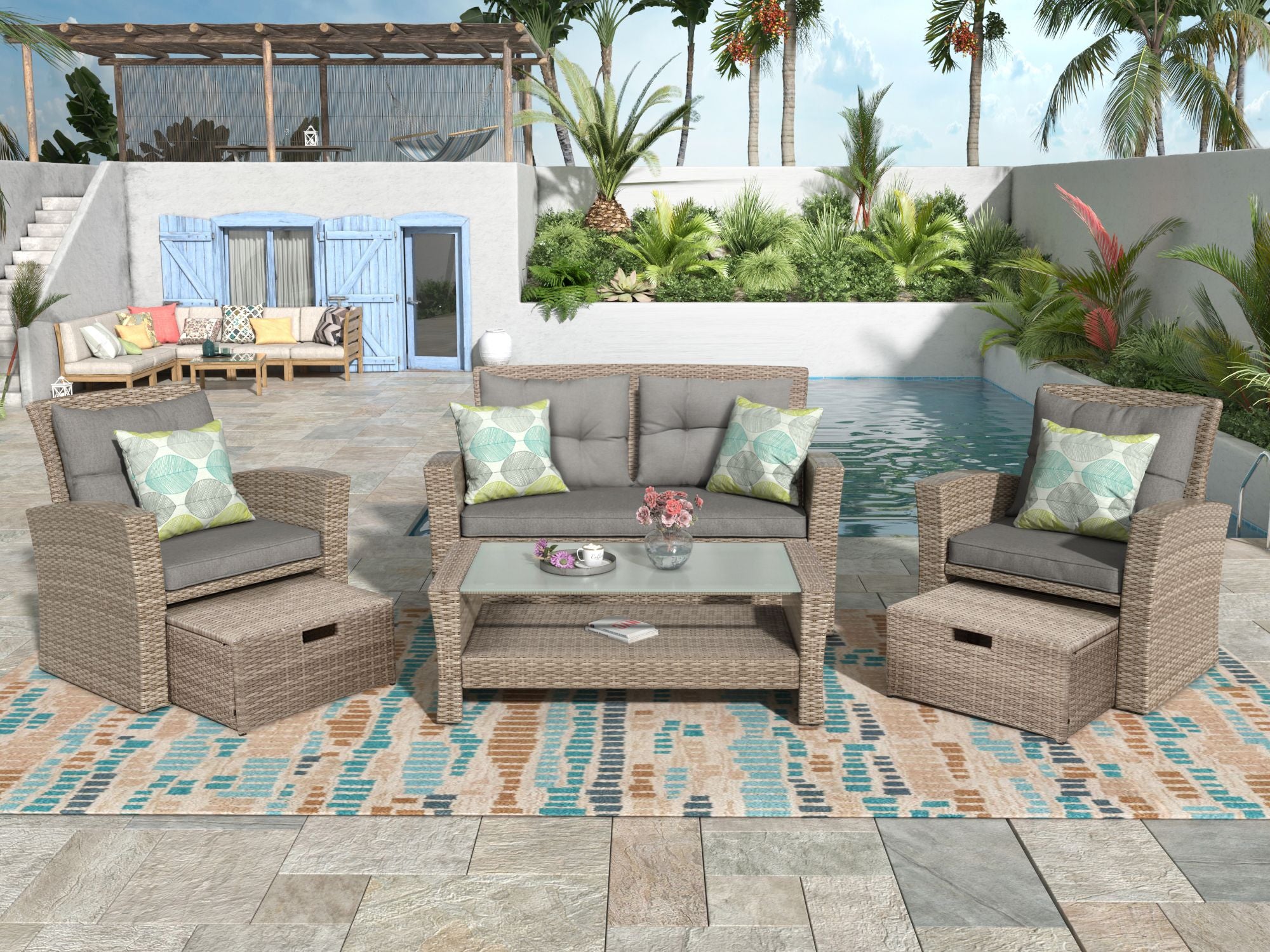 Patio Furniture Set; 4 Piece Outdoor Conversation Set All Weather Wicker Sectional Sofa with Ottoman and Cushions - Discount Msrp 