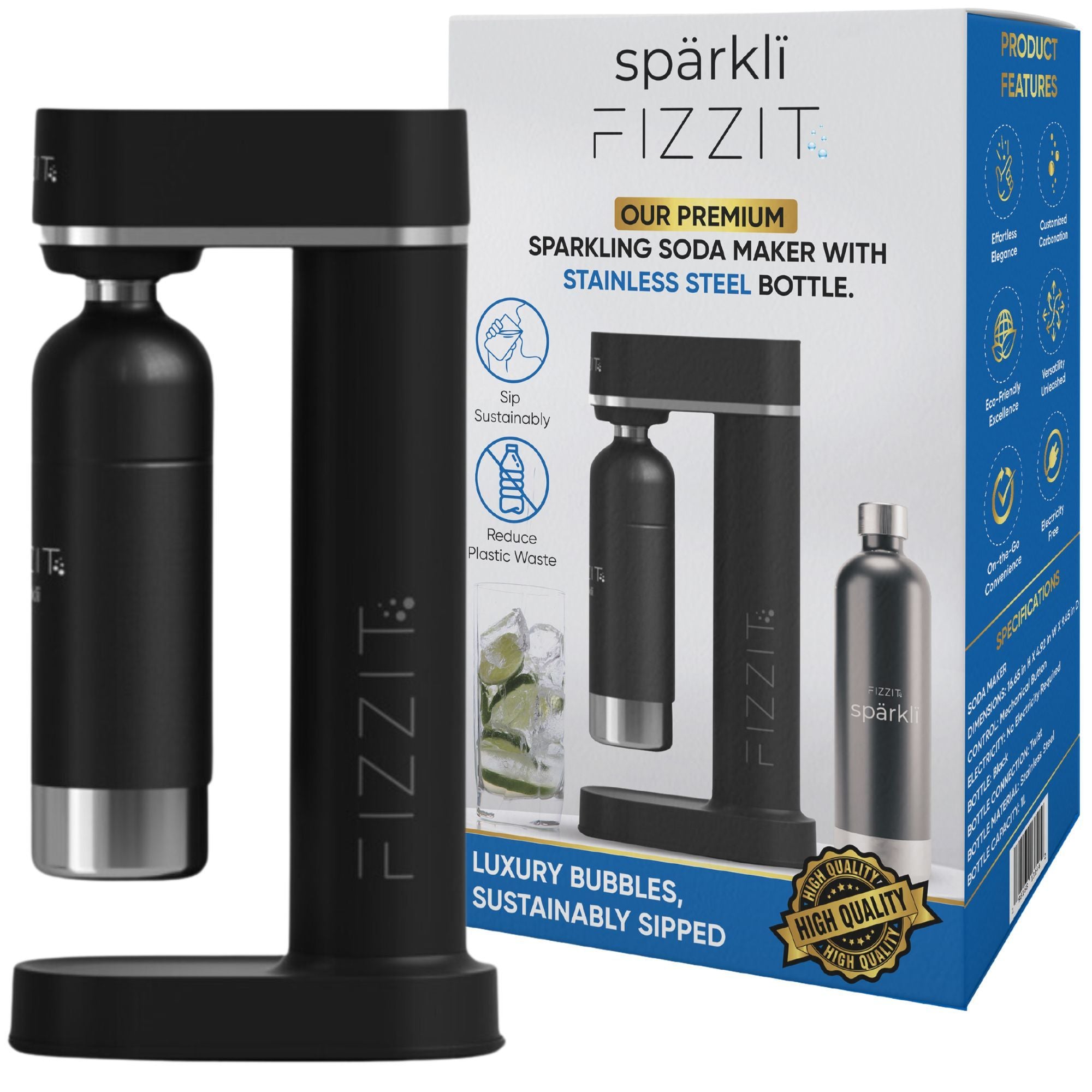 FIZZIT™ Spärklï Carbonated Water Soda Maker with Stainless Steel Bottle – Eco-Friendly, Dishwasher Bottles - Sparkling Water Maker - Discount Msrp 