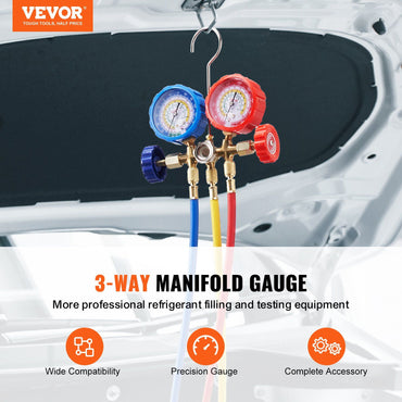 VEVOR AC Gauge Set - 3 Way AC Manifold Gauge Set for R134A R22 R12 R502 Refrigerant, Freon Gauges with 5ft Hoses, Couplers, Can Tap Works on Car Auto Freon Charging and Evacuation - Discount Msrp 