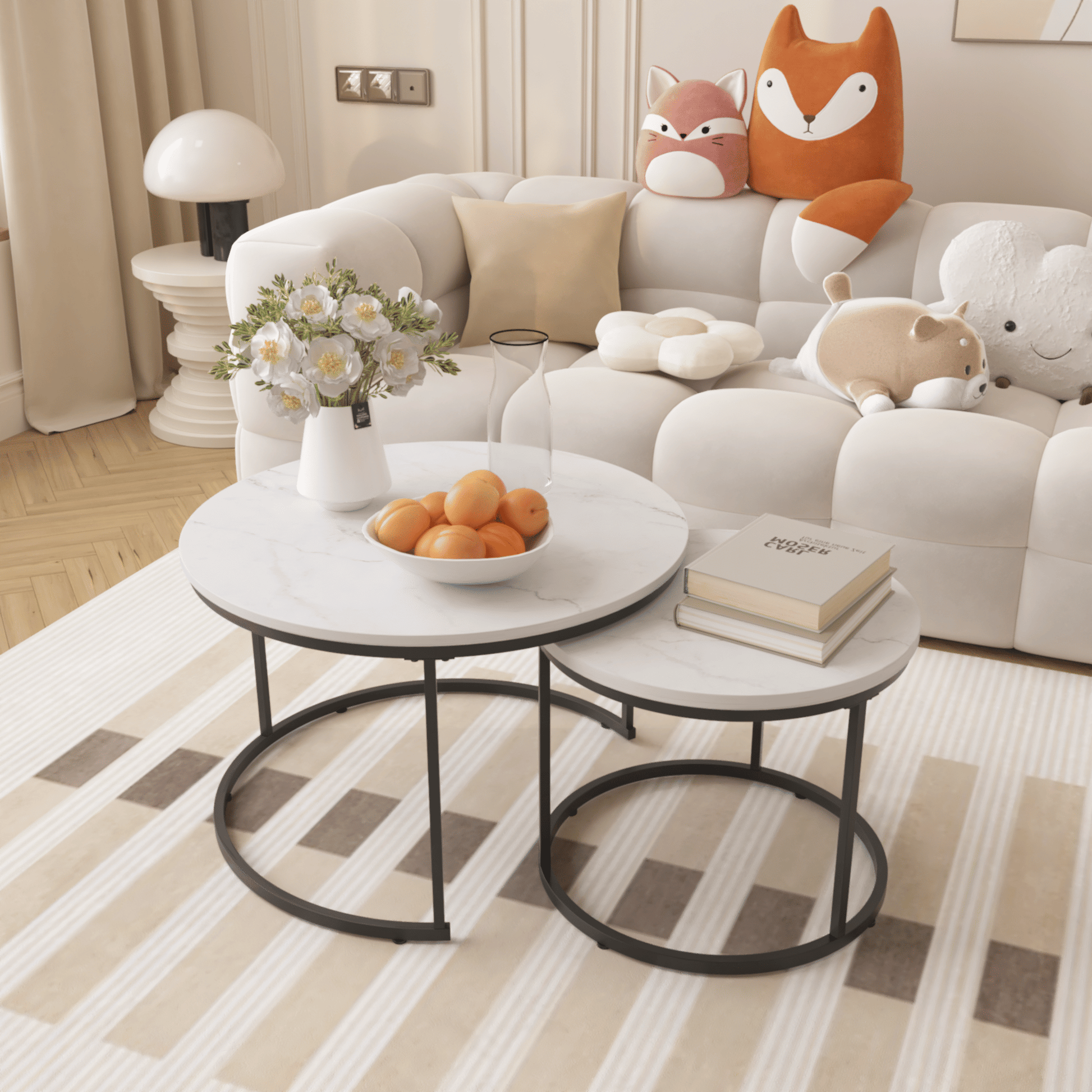 Nesting Coffee Table Set of 2, 27.6inch Round Coffee Table Industrial Wood Finish with Sturdy Metal Frame, End Table Side Tables for Living Room Bedroom Balcony Yard - Discount Msrp 