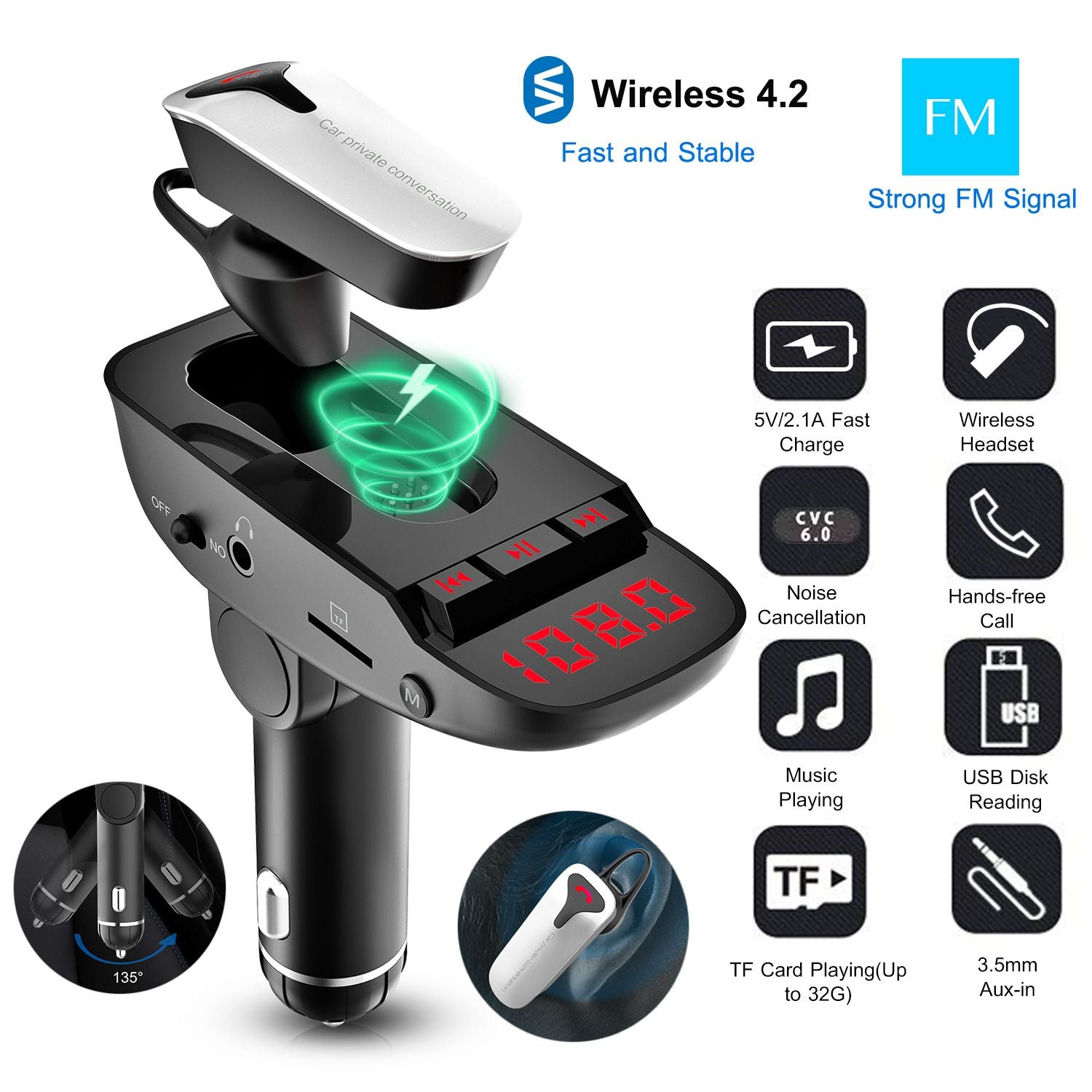 Car FM Transmitter w/ Wireless Earpiece 2 USB Charge Ports Hands-free Call MP3 Player - Discount Msrp 