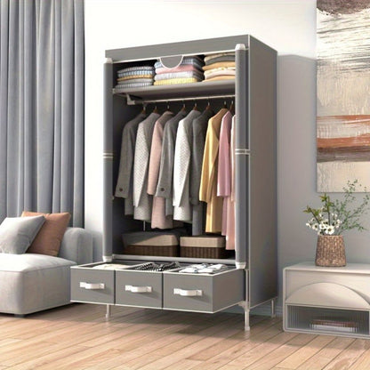 Portable Clothes Closet Rolling Door Wardrobe with Hanging Rack Non-Woven Fabric Storage Organizer with Three Drawer Boxes No-Tool Assembly - 67in*35.4in*17.7in(Gray) - Discount Msrp 