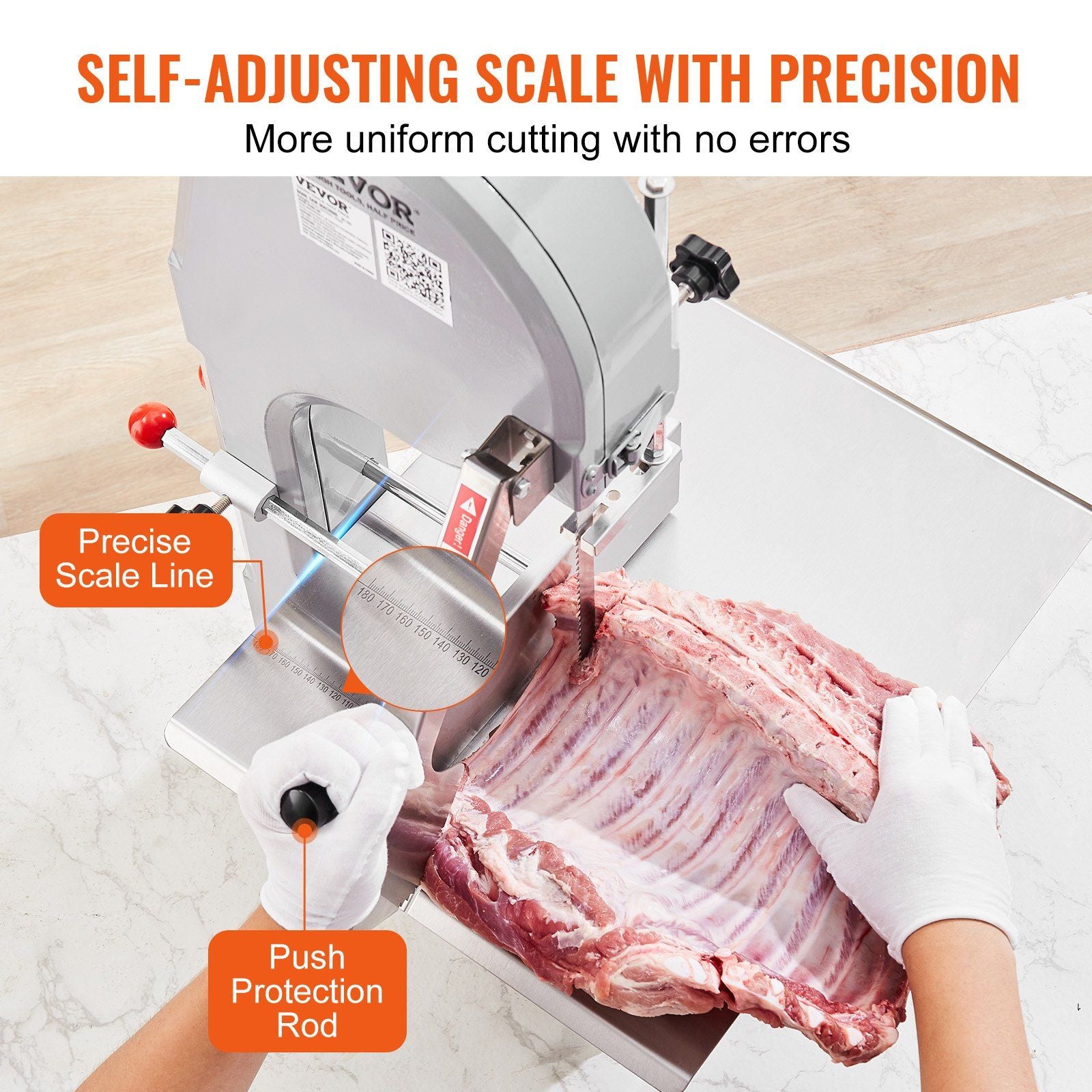 VEVOR Commercial Electric Meat Bandsaw, 1500W Stainless Steel Countertop Bone Sawing Machine, Workbeach 19.3" x 15", 0.16-7.9 Inch Cutting Thickness, Frozen Meat Cutter with 6 Blades for Rib Pork Beef - Discount Msrp 