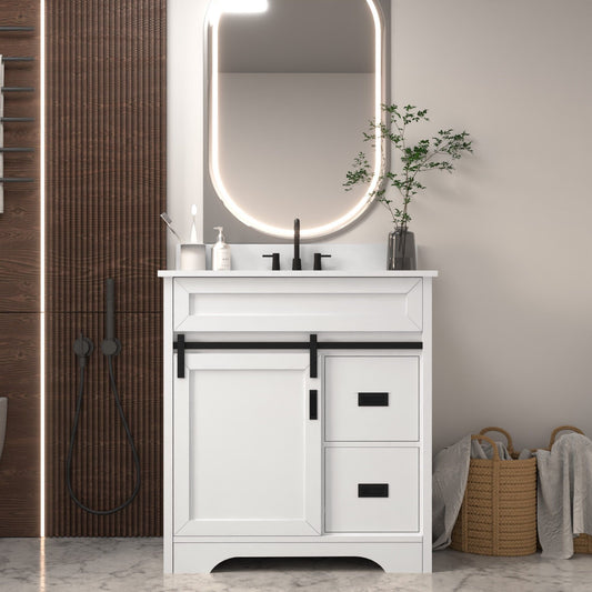 [VIDEO provided]30" Bathroom Vanity with Single Sink Combo, Farmhouse Undermount Bathroom Sink Cabinet with Sliding Barn Doors and 2 Drawers, Freestanding Bathroom Vanities,White - Discount Msrp 