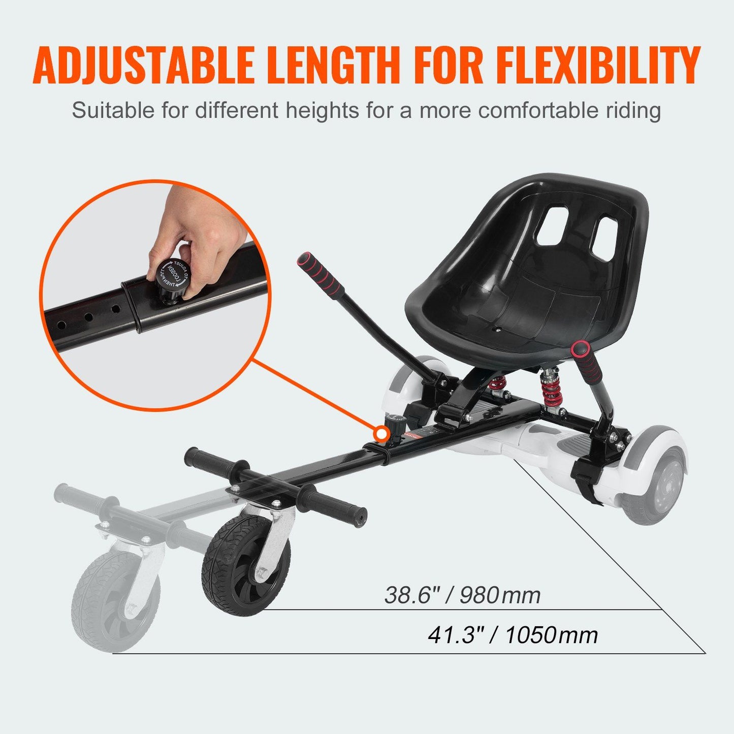 VEVOR Hoverboard Seat Attachment, for 6.5" 8" 8.5" 10" Hoverboards, Dual Shock Absorption System, Grips Control, Adjustable Length 270 LBS load Capacity, Hover Board Buggy Attachment, for Kids Adults - Discount Msrp 