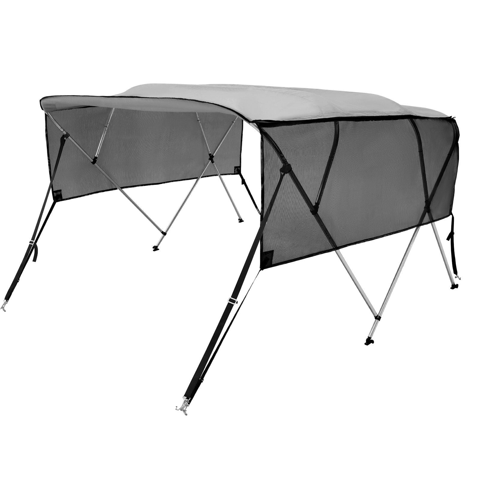VEVOR 4 Bow Bimini Top Boat Cover, Detachable Mesh Sidewalls, 600D Polyester Canopy with 1" Aluminum Alloy Frame, Includes Storage Boot, 2 Straps, 2 Support Poles, 8'L x 54"H x 85"-90"W, Light Grey - Discount Msrp 