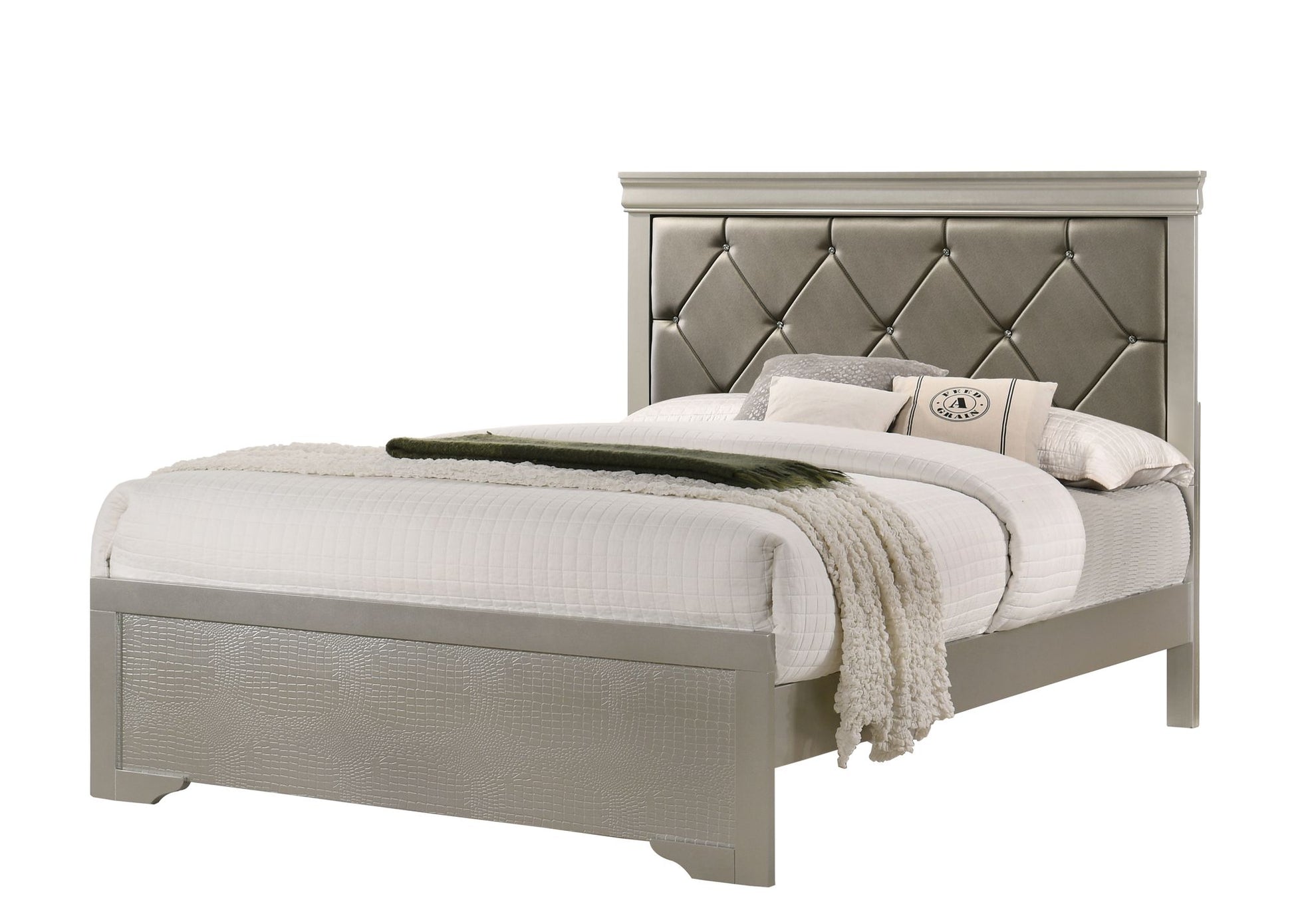 Modern 1pc Beige Champagne Finish King Size Panel Bed Wooden Crocodile Texture PU Upholstered Headboard Crystal-Like Button Tufted Fabric Bedroom Furniture - Discount Msrp 