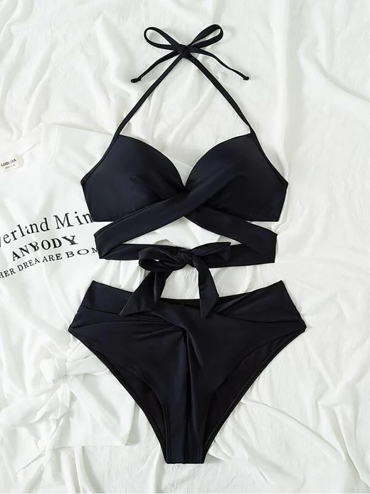 Sexy Push Up Bikini 2023 Solid High Waist Swimsuit Women Criss Cross Bandage Bikini Set Female Beachwear Bathing Suit biquini - Discount Msrp 
