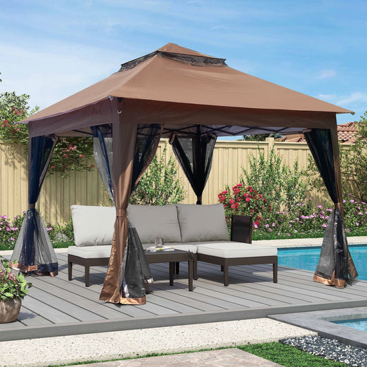 Outdoor 11x 11Ft Pop Up Gazebo Canopy With Removable Zipper Netting,2-Tier Soft Top Event Tent,Suitable For Patio Backyard Garden Camping Area with 4 Sandbags,Brown - Discount Msrp 