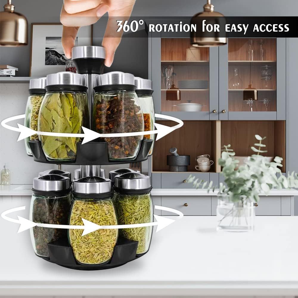 12 Glass Jar Bottles Set Revolving Spice Rack Organizer Storage for kitchen, Spice Stand Holder, Spinning Countertop Herb and Spice Rack Organizer with - Discount Msrp 