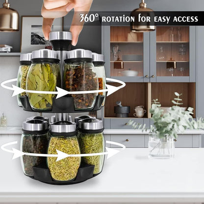 12 Glass Jar Bottles Set Revolving Spice Rack Organizer Storage for kitchen, Spice Stand Holder, Spinning Countertop Herb and Spice Rack Organizer with - Discount Msrp 