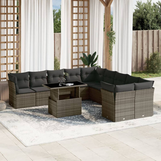 Garden Sofa Set Grey PE rattan, Powder-coated steel, Tempered glass - Discount Msrp 