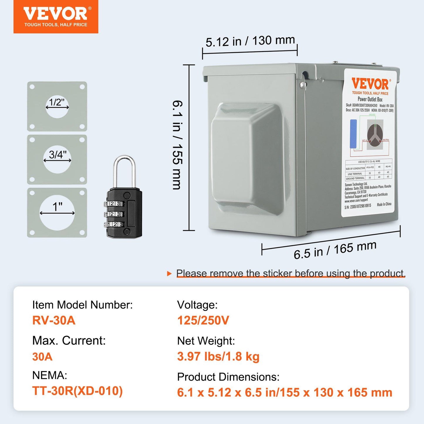 VEVOR 30 Amp RV Power Outlet Box, 125/250 Volt, Enclosed Lockable Outdoor RV Receptacle Box, NEMA TT-30R Weatherproof Electrical Panel, for RV Camper Trailer Motorhome Tested to UL Standards - Discount Msrp 