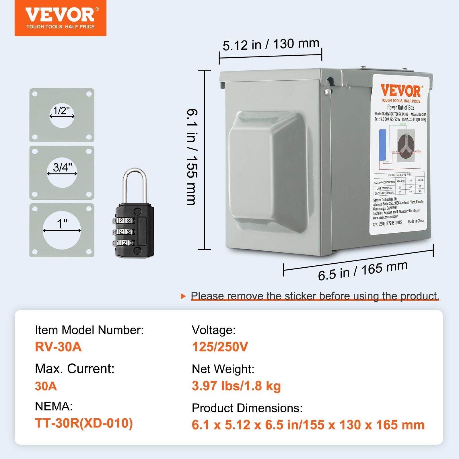 VEVOR 30 Amp RV Power Outlet Box, 125/250 Volt, Enclosed Lockable Outdoor RV Receptacle Box, NEMA TT-30R Weatherproof Electrical Panel, for RV Camper Trailer Motorhome Tested to UL Standards - Discount Msrp 