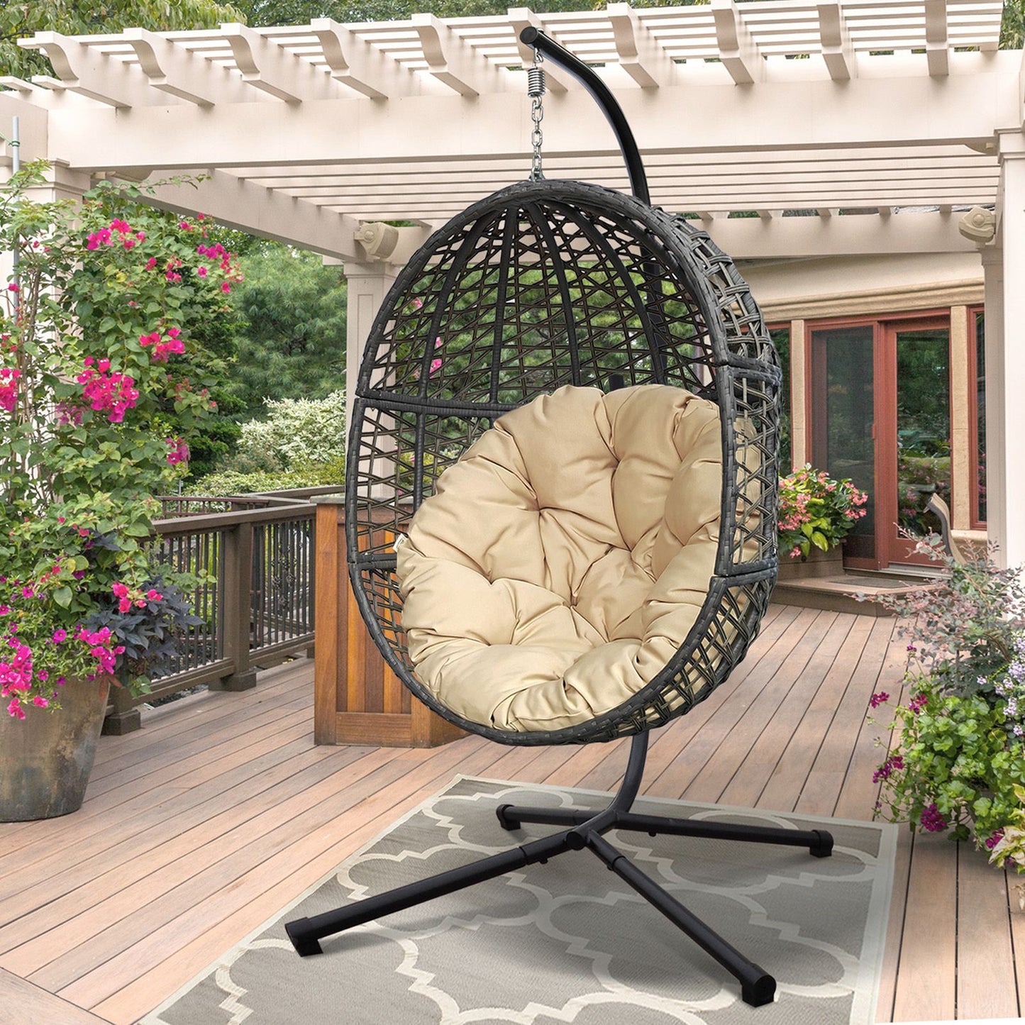 Wicker Hanging Swing Chair; Rattan Hanging Egg Chair with Durable Stand and Waterproof Cushion for Outdoor Garden or Indoor Living Room - Discount Msrp 