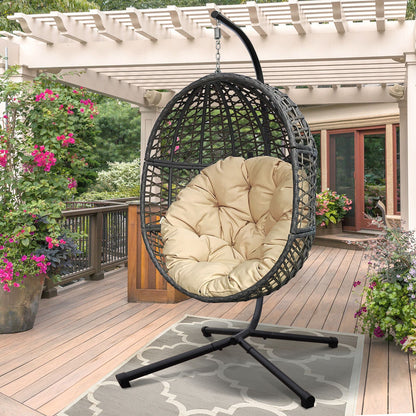 Wicker Hanging Swing Chair; Rattan Hanging Egg Chair with Durable Stand and Waterproof Cushion for Outdoor Garden or Indoor Living Room - Discount Msrp 