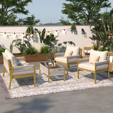 4-Piece Rope Patio Furniture Set, Outdoor Furniture with Tempered Glass Table, Patio Conversation Set Deep Seating with Thick Cushion for Backyard Porch Balcony - Discount Msrp 