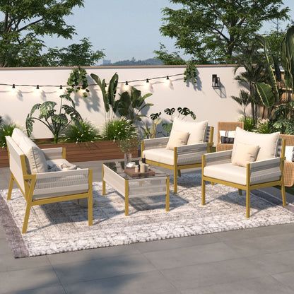 4-Piece Rope Patio Furniture Set, Outdoor Furniture with Tempered Glass Table, Patio Conversation Set Deep Seating with Thick Cushion for Backyard Porch Balcony - Discount Msrp 