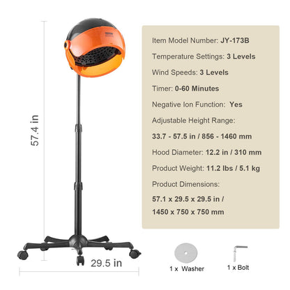 VEVOR Ionic Hooded Dryer, 1875W Professional Bonnet Hair Dryer, Sit Under Hair Dryer with Timer, 3 Temp Settings & Wind Speed, Floor Standing Rolling Base with Wheels for Beauty Salon Home Spa - Discount Msrp 