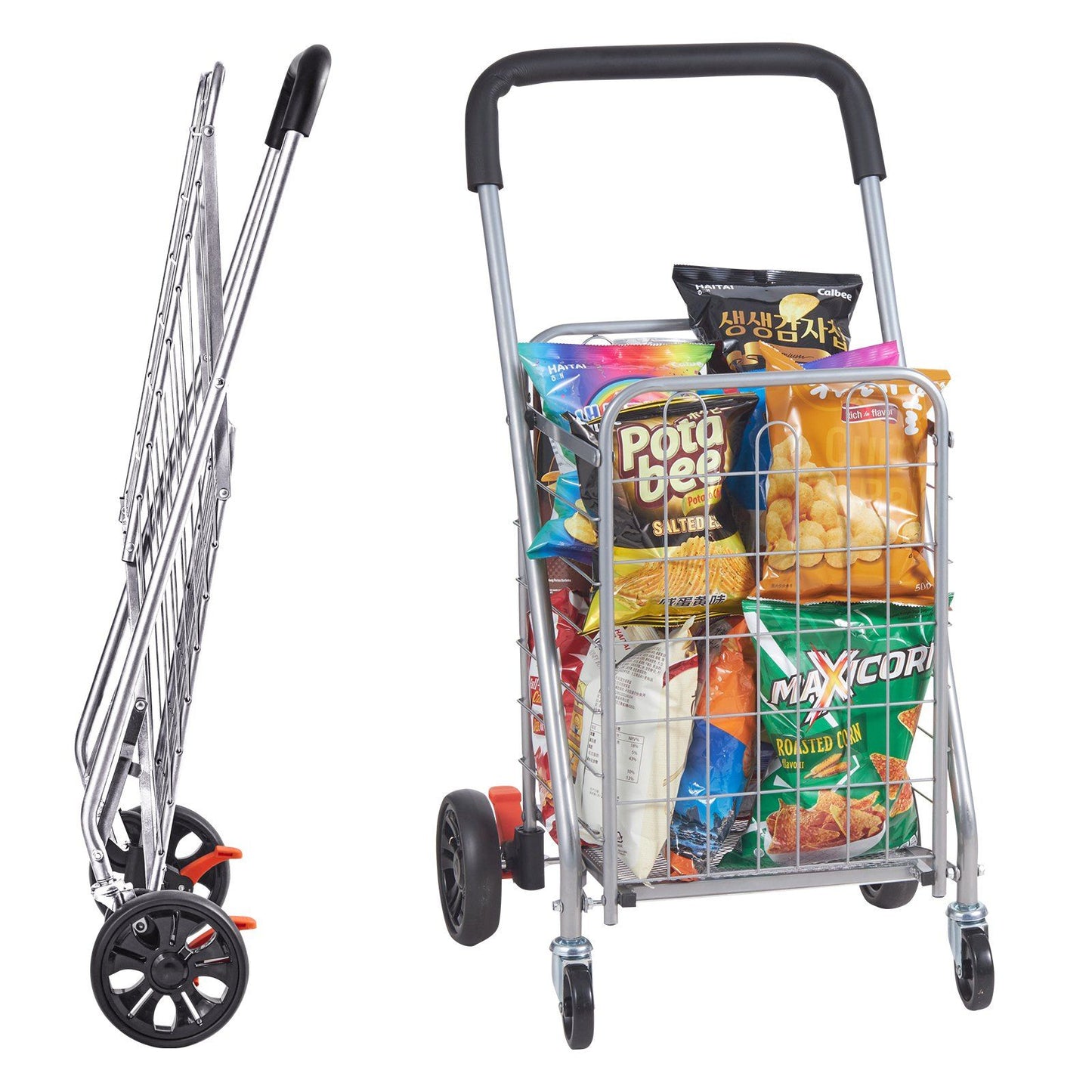 VEVOR Folding Shopping Cart, 66 lbs Max Load Capacity, Grocery Utility Cart with Rolling Swivel Wheels, Heavy Duty Foldable Laundry Basket Trolley Compact Lightweight Collapsible for Luggage, Silver - Discount Msrp 