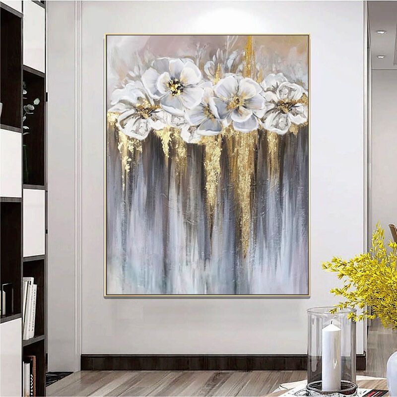 Foil golden flowers hand painted oil painting on canvas abstract large painting wall picture for home office decor - Discount Msrp 