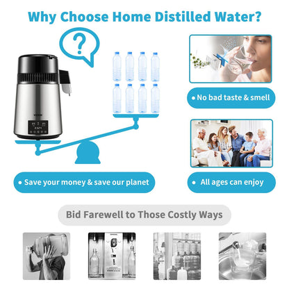 VEVOR 1.1Gal Water Distiller, 0.3Gal/H, 750W Distilled Water Maker Machine 0-99H Timing Dual Temp Display, 304 Stainless Steel Countertop Distiller Glass Carafe Cleaning Powder 3 Carbon Packs, Silver - Discount Msrp 