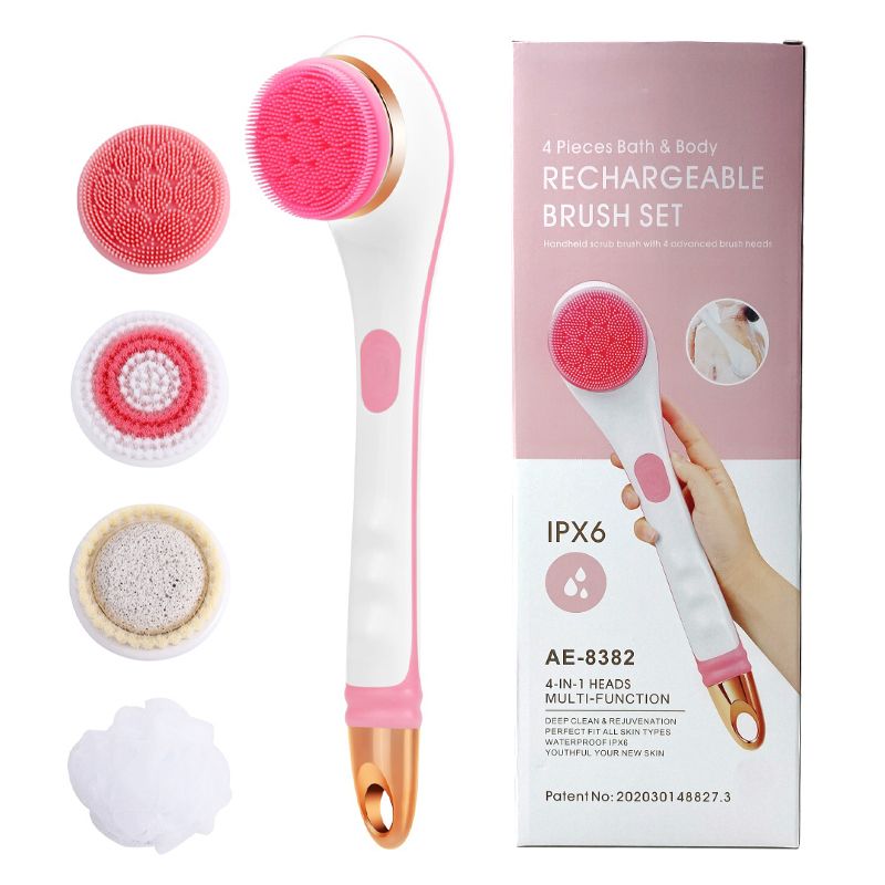 Silicone Bath Brush 4 in 1 Electric Back Scrubber 4 Brush Heads USB Rechargeable Rotating Shower Massager with 2 Speeds - Discount Msrp 