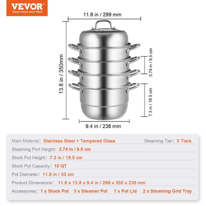 VEVOR Dumpling Steamer Stainless Steel 5 Titer for for Cook Soup, Noodles, Fishes Work with Gas Electric Grill Stove Top, Dia 30cm/11.8inch, Pot - Discount Msrp 
