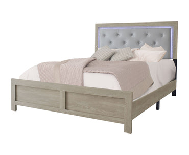1pc Modern King Panel Bed with Headboard Lighting Beige Finish Faux Leather Upholstery Button Tufted Wooden Bedroom Furniture - Discount Msrp 