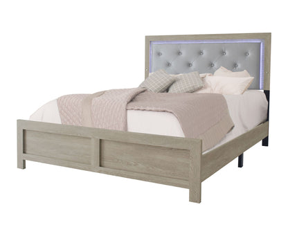 1pc Modern King Panel Bed with Headboard Lighting Beige Finish Faux Leather Upholstery Button Tufted Wooden Bedroom Furniture - Discount Msrp 